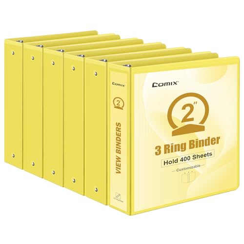 COMIX Standard 3 Ring Binder 2 inch with Clear View Cover 2 Round Ring View Binder Holds 400 Sheets of US Letter Size Paper 6 Pack (Lemon Yellow)