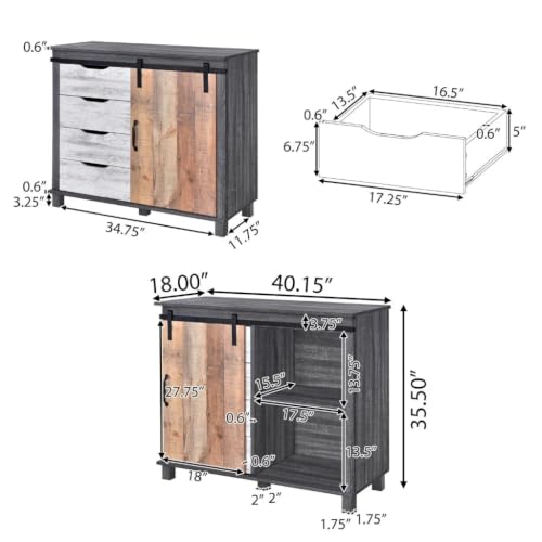 Image of Driftwood Engineered Wood Storage Cabinet | Industrial Cabinet with 4 Drawers, Sliding Door & Shelves | Multi-Purpose Organizer for Living Room, Bedroom & Office | Grey & Rustic Oak Finish