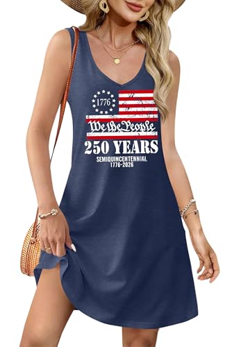 NEWWEN American Flag Dress Women 4th of July Sleeveless Tank Dress 250 Anniversary USA Patriotic Summer Sundress (DarkBlue1, Large)