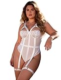 comeondear Body Sexy Mujer Encaje Talla Grande Body Lenceria Transparente con Ligueros Hot Conjunto de Lenceria Sin Mangas Babydoll Tirantes Sexy Lingerie for Women Ropa Interior Blanco,3XL-4XL