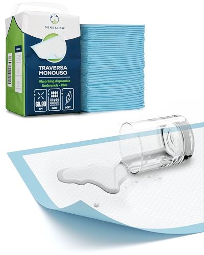 Sensalou Traversine Monouso 60x90 cm – 100 Pezzi – Teli Assorbenti Impermeabili per Letto, Cura Anziani, Bambini, Animali, Incontinenza, Protezione Igienica, Assistenza Ospedaliera, Uso Quotidiano
