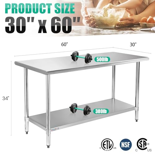 Image of STABLEINK NSF Stainless Steel Prep Table 60x30 Inches 5ft, Metal Work Table with Adjustable Undershelf, for Commercial Kitchen, Restaurant, Hotel, Laundry and Garage