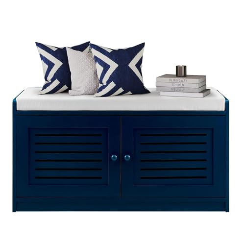 Image of Wooden Shoe Storage Bench Organizer Cushioned Seat with Adjustable Shelves for Entryways, Living Rooms, or Bedrooms, Antique Blue