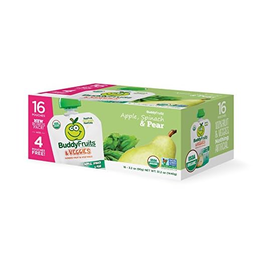 Buddy Fruits Blended Fruit and Veggies Squeeze Snack Pouches, Apple, Spinach & Pear, 3.2 Ounce Packages (Pack of 16)