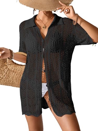 Womens Crochet Knit Polo Collar Swimsuit Coverup Cardigan Summer 2025 Beach Bathing Suit Cover Up Shirt Dress