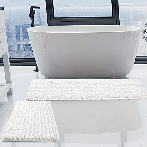 Luxury Chenille White Bathroom Rugs Sets 2 Piece, Thickened Hot Melt Rubber Bottom Bath Mats for Bathroom Non Slip,Bath Rugs Quick Dry Machine Washable for Shower Mat (47"x17"+17"x24") by H.VERONNEX - Used condition - US$25.51