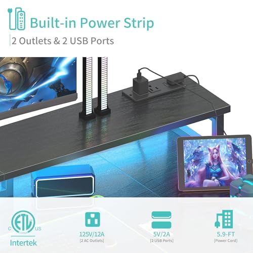 Image of Lufeiya Gaming Desk with LED Lights and Storage Shelves, 47 inch Computer Desk with Power Outlets, Home Office Desk with Monitor Stand, Writing Table PC Desks, Black