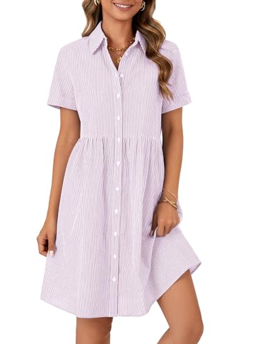 Image of Rooscier Women's Striped Shirt Dress Button Down Collared Short Sleeve Mini Dress