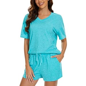 LOCUBE Women’s Pajama Set Short Sleeve V-Neck & Pocketed Drawstring Shorts, Comfy Summer Lounge Set, S-XXL