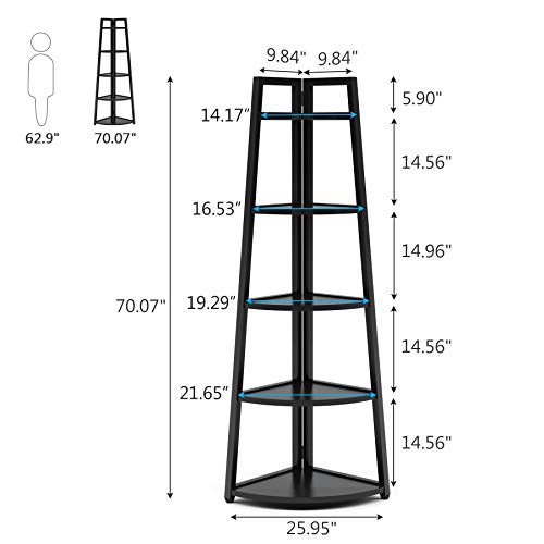Image of Tribesigns 70 inch Tall Corner Shelf, 5 Tier Modern Corner Bookshelf Bookcase Industrial Corner Ladder Shelf Plant Stand for Living Room, Kitchen, Home Office (Black)