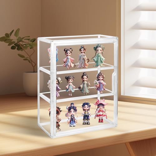 FHMIDIC Schaukasten Vitrine, 3 Schicht Acryl Vitrine mit magnetischer Tür, transparente Stapelbar Alternative Glasvitrine für Sammlerstücke, Action Figuren Spielzeug, MiniFiguren (36x27x13cm)