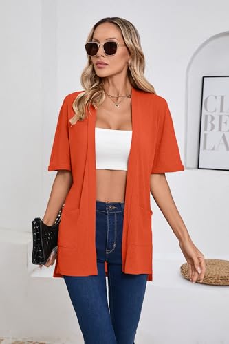 Image of Iandroiy Women's Lightweight Open Front Cardigans Casual Short Sleeve Blouse Tops