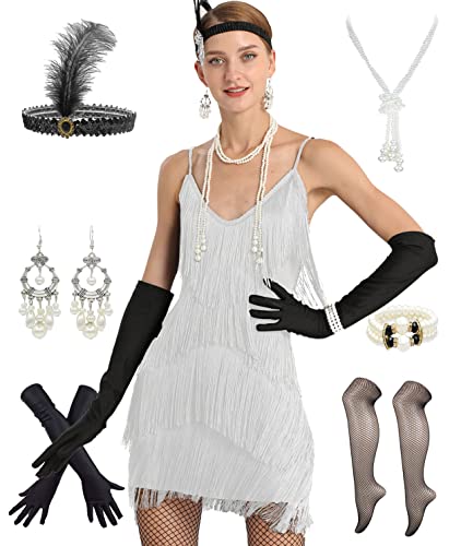 Image of Women 1920s Gatsby Flapper Dress Sexy Open Back Strap Fringed Cocktail Party Dress with 20s Accessories