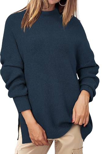 OUGES Winter Clothing for Women Wool Blend Oversized Sweaters 2025 Fall Outfits Trendy Plus Size Turtleneck Long Sleeve Ribbed Knit Side Slit Pullover Tops Clothes(Blue,L)