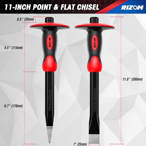 Rizom Chisel Set with Hand Protection, 3 Pcs Stone and Rock Chisel, Heavy Duty Masonry Tools including 11-Inch Point and Flat, 8-Inch Brick by Rizom - Image 2