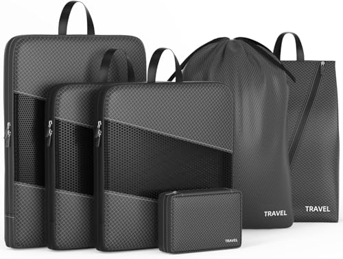 Compression Packing Cubes for Suitcases, UNTIFUL 6 Set Travel Organizer Cubes for Travel Essentials, Black by UNTIFUL - Used condition - US$9.58