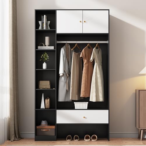 Kebnor Perchero compacto en blanco y negro con 2 puertas, 6 compartimentos, barra y cajón, medidas: 105 x 185 x 40 cm