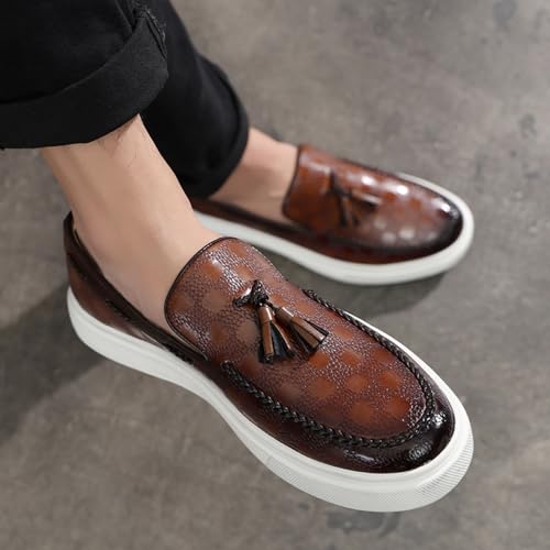 Men's Classic Business Plaid Pattern Leather Tasseled Loafers Comfortable Round Toe Non-Slip Flat Walking Shoes4