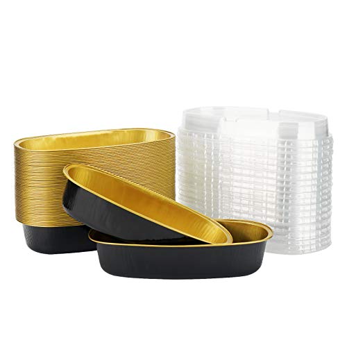 Mini Loaf Pans with Lids, Beasea 6 Inch 50 Pack Oval Cake Pan Oval Baking Pan, Black Golden Disposable Baking Cups with Lids Oval Ellipse Cheesecake Pan Aluminum Pans Meat Bakeware for Oven Baking