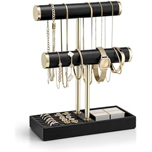 Vlando 2 Tier Bracelet Holder Organizer with Tray - Leather Jewelry Stand Organizer for Women - Jewelry Holder Display for Necklace, Watches, Rings, Earrings, Bangle, Scrunchie - Black C. Bl