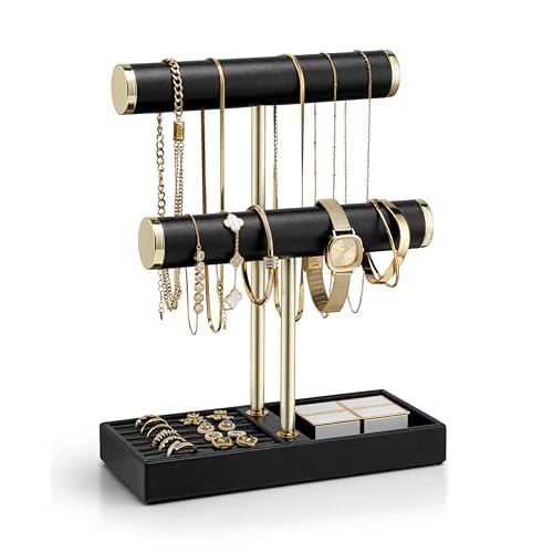 Vlando 2 Tier Bracelet Holder Organizer with Tray - Leather Jewelry Stand Organizer for Women - Jewelry Holder Display for Necklace, Watches, Rings, Earrings, Bangle, Scrunchie - Black C. Bl