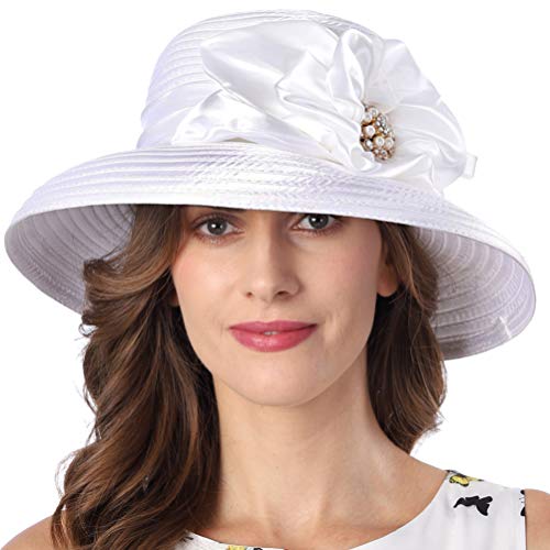 FORBUSITE Church Hats for Women White Derby Hats 1950s 20s with Rhinestone Rhinest Wide Brim