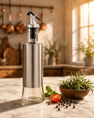 Image of HomeWiz Glass Oil Dispenser for Kitchen 500ml - Stainless Steel Sleeve Bottle with Anti-Drip Spout & Flip Lever | Leak-Proof Pourer for Cooking Oil, Olive, Mustard, Vinegar & Soy Sauce | Round