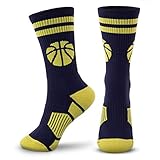 ChalkTalkSPORTS Basketball Performance Crew Socks - Classic Stripe & Ball - Navy & Gold - Basketball Mid-Calf Socks - Adult