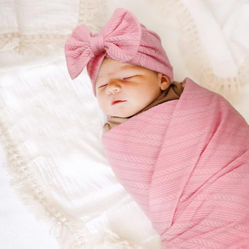 Image of DRESHOW BQUBO Newborn Receiving Blanket Toddler Warm for Girls with Bow Hat and Bow Headband Shower Gift