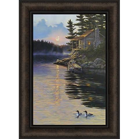 Day's End by Rick Kelley 16x22 Cabin Loons Lake Sunset Framed Art Print Wall Décor Picture Cover