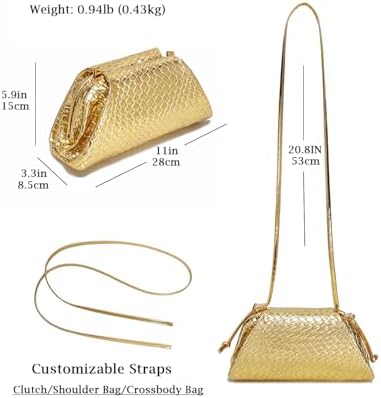 SUANNI Gold Woven Vegan Leather Evening Bag, Dumpling Clutch Purse for Women, Shoulder Crossbody Bags with Adjustable & Detachable Strap, Clasp Closure Handbag for Party Wedding Weekends - 3