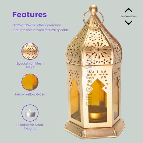 Image of Metal & Glass Elegant Moroccan Lanterns with Lantern Light Lamp and Hanging Lantern Candle Holders for Home Decor Diwali Eid Christmas Festival Gifts (Yellow, Set of 4)