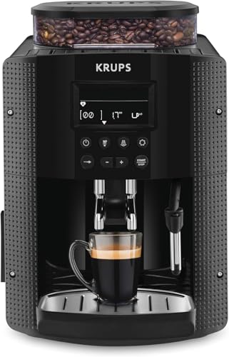 Krups Essential Coffee Machine Macinino, macchina da caffè espresso con display LCD, pulizia automatica, ugello a vapore nero per cappuccino YY8135FD