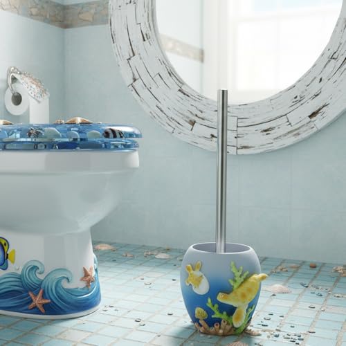 Image of 4 Inch Turtle Toilet Brush Holder, Resin Ocean Bathroom Decor | Resin mother & baby turtle, hygienic lid, ocean blue coastal decor, cute bathroom organizer, YHHRESINKING