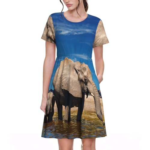 Robe d'été motif éléphant manches courtes col rond femme