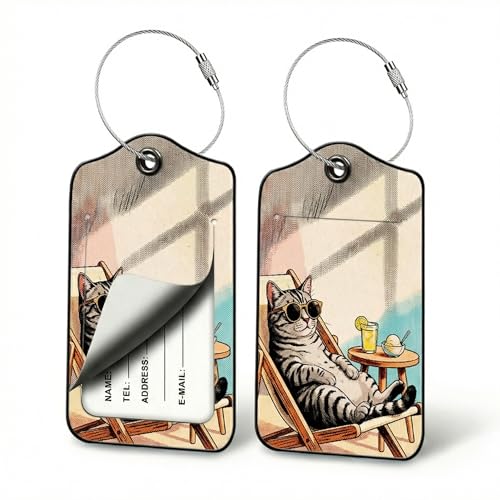 Sun Lounger Cat Luggage Tags for Suitcases, 2 Pack PU Leather Travel Bag ID…