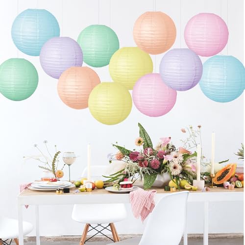 Image of Pastel Paper Lanterns Hanging Lanterns Decorative 12 Pcs Round Macaron Colored Paper Lanterns for Classroom Wedding Birthday Baby Shower Party