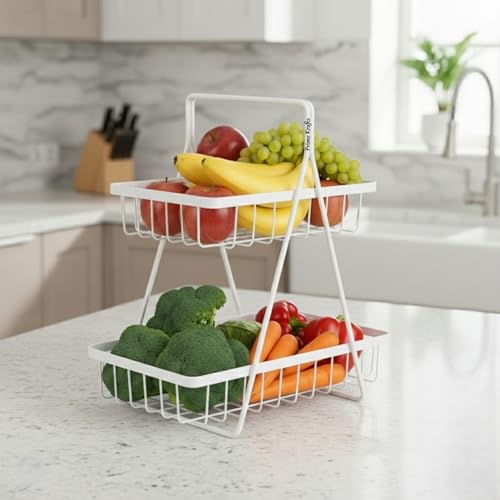 Image of 2 Tier Metal Fruit and Vegetables Basket with Handle | Fruit Vegetables Snacks and Bread Organizer for Kitchen, Dining Table, Livingroom | Bathroom Countertop Stand (Design 2 - White)