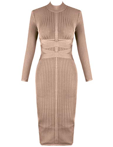 Whoinshop Women's Cross Strap Ribbed Bandage Long Sleeve Midi Fall Winter Bodycon Party Dress (S, Khaki1) #TOP2