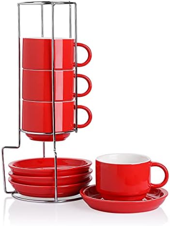 Sweejar Home Porcelain Espresso Cups with Saucers, 74ml Stackable Cappuccino Cups with Metal Stand for Coffee Drinks, Latte, Tea - Set of 4 (Black)