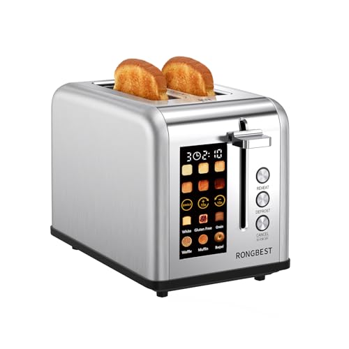 2 Slice Touch Screen Toaster with Wide Slots Stainless Steel Toasters Even Toasting for Bagels & Bread, Reheat & Defrost, Easy Removable Crumb Tray, Silver