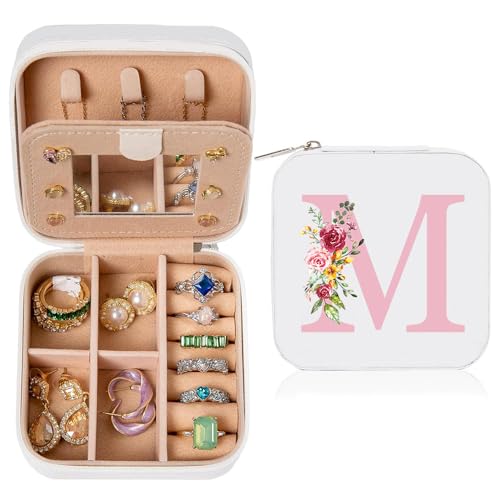 hamatata Scatola Portagioie da Viaggio Portagioie con Iniziale M e Fiore Mini Porta Gioielli Donna Portagioielli Piccoli con Specchio Ragazza Regalo per Compleanno Anniversario Natale, Bianco
