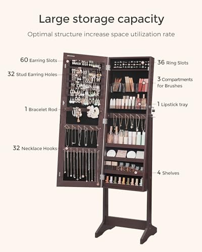 Image of SONGMICS Jewelry Cabinet Armoire, Freestanding Lockable Storage Organizer Unit with 2 Plastic Cosmetic Storage, Full-Length Frameless Mirror, for Necklace Earring, Brown UJJC002K01