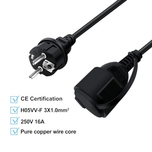 YINGAYOU Przedłużacz Schuko krótki 16 A 250 V Przedłużacz z wtyczką z uziemieniem Schuko Krótki przedłużacz zewnętrzny 2 AC do gniazdka IP44 do użytku zewnętrznego lub wewnętrznego (Czarny, 2 m)