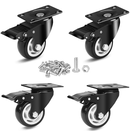 3 Inch Caster Wheels, Swivel Casters Set of 4 Heavy Duty with Brake 1600 LBS, Ball Bearing 360 Degree Top Swivel Plate Casters, No Noise Polyurethane (PU) Castor Wheels for Furniture Cart Workbench