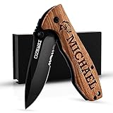 Customization Mill Gifts for Men, Personalized Engraved Oak Wood Pocket Knife - 36 Icons, 20 Stylish Font - Custom Pocket Knives