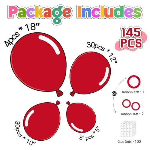 Image of 145pcs Red Balloons Arch Kit Different Sizes of 18 12 10 5 Inch Dark Red Balloons Garland Arch Kit for Birthday Wedding Anniversary Cherry Casino Movie Valentine's Day Christmas Party Decorations