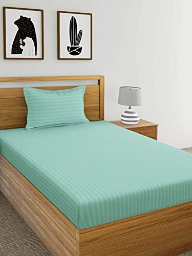 Image of 300 TC Glace Cotton Plain Stripe Queen Size Single Bedsheet with 1 Pillow Cover for Home, Hotel, Guest Room (60 X 90) Inch Aqua Green Pack 1