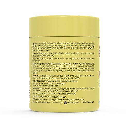 Image of Nutriburst Vitamin D3 + K2 | Vitamin D3 K2 Supplement for Men & Women | Supports Bone Strength & Heart Health | 100% Vitamin D with K2 for Better Absorption | 120 Veg Tablets (4-Month Pack)
