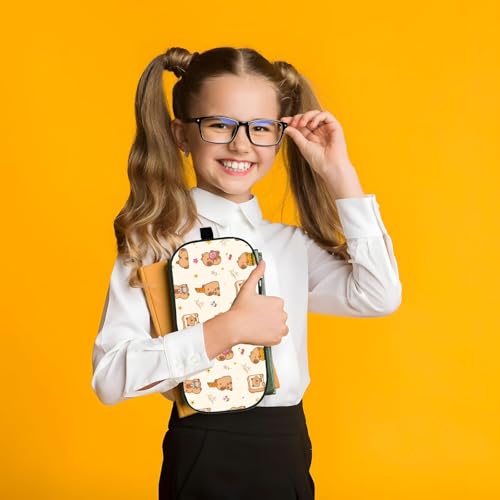 Image of WOBAGMEN Double Layer Pencil Case with Handle Large Pencil Bag Cute Print Pencil Pouch for Boys Girls (Capybara Bread)